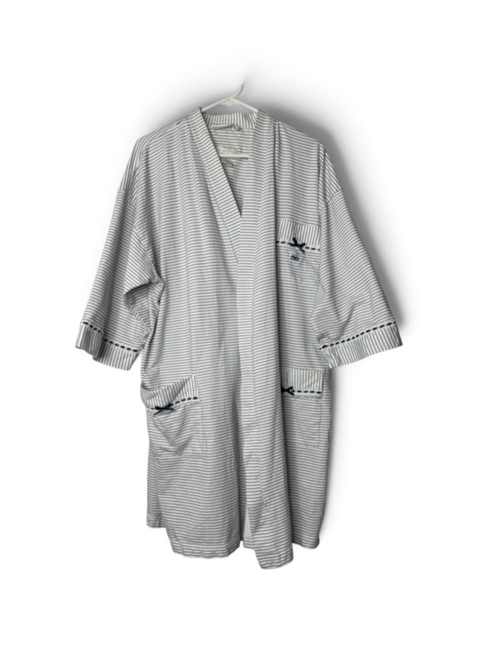 Anne Lewin Vintage Robe Womens Large White Blue Striped Blueberry Lace Cotton